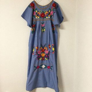 古着 花柄 鳥 刺繍 半袖 ワンピース メキシカン ネイティブ柄 ブルー 青 (ロングワンピース/マキシワンピース)