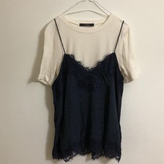 ダブルクローゼット(w closet)のw closet レースキャミ付き 半袖トップス ネイビー(Tシャツ(半袖/袖なし))