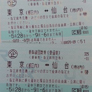 新幹線 回数券 東京⇔仙台 3枚 送料無料