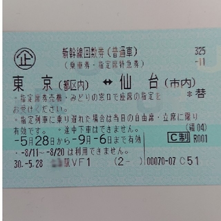 新幹線 回数券 東京⇔仙台 3枚 送料無料