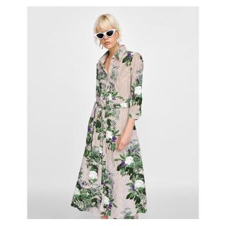 ザラ(ZARA)の完売品 ザラ ストライプ フラワー チュニック Aライン シャツ ワンピ リボン(ロングワンピース/マキシワンピース)