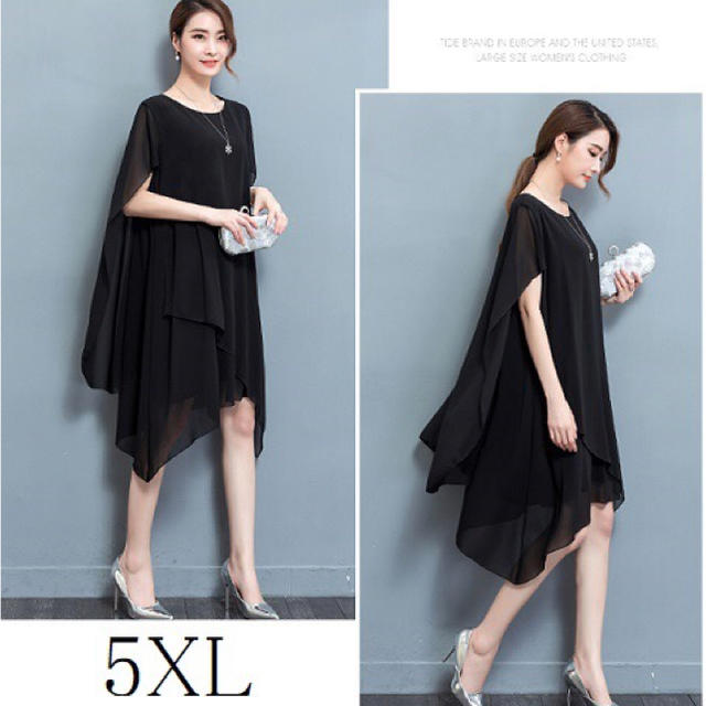 【5XL】シフォン ワンピース 大きいサイズ パーティ ドレス 着ヤセ ブラック レディースのフォーマル/ドレス(ミディアムドレス)の商品写真