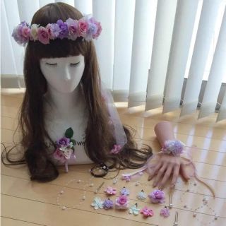 花かんむり♡紫メイン♡リストレット♡ブートニア♡花ピン(ヘッドドレス/ドレス)