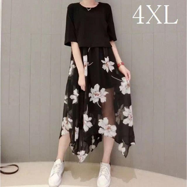 【4XL】大きいサイズ♡アシンメトリー♡シフォン♡お洒落ワンピース♡花柄ブラック レディースのワンピース(ロングワンピース/マキシワンピース)の商品写真