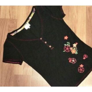 タケオキクチ ■ 刺繍 和柄 花柄・半袖カットソー ■ 黒■綿■S■レディース