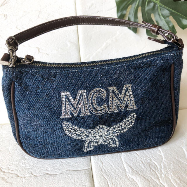 MCM バッグ デニムバッグ 極美品希少品！ラインストーンロゴ エムシーエムエムシーエム