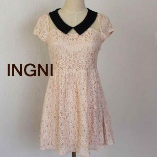 イング(INGNI)のINGNIイング☆デコルテ透けドットサーモンピンク総レース黒襟ミニワンピース(ミニワンピース)