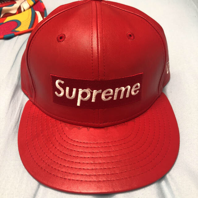 supreme Leather Box Logo New Era 赤 7 1/4