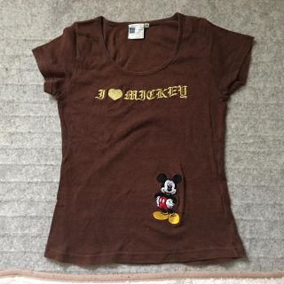 ディズニー(Disney)のミッキーマウス ブラウンTシャツ 刺繍 サイズM 海外購入品(Tシャツ(半袖/袖なし))