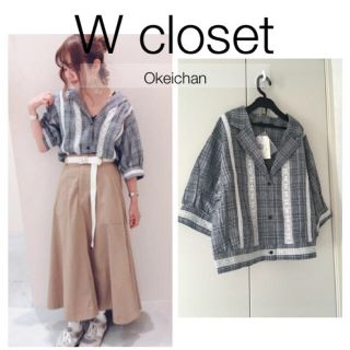 ダブルクローゼット(w closet)の新品タグ付き☆ピンタックレース開襟羽織りチェックシャツ Dグレー(シャツ/ブラウス(半袖/袖なし))