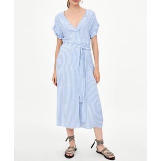 ザラ(ZARA)の完売品 ザラ 青 ブルー ワンピ ドレス シャツ ストライプ マキシ サンダル(ロングワンピース/マキシワンピース)