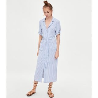 ザラ(ZARA)の完売品 ザラ ストライプ シャツワンピ ドレス リボン ベルト サンダル(ロングワンピース/マキシワンピース)