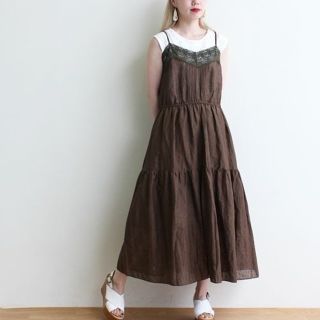 ドットアンドストライプスチャイルドウーマン(Dot&Stripes CHILDWOMAN)のリネンボイル　レース×ピンタック　キャミマキシワンピース(ロングワンピース/マキシワンピース)