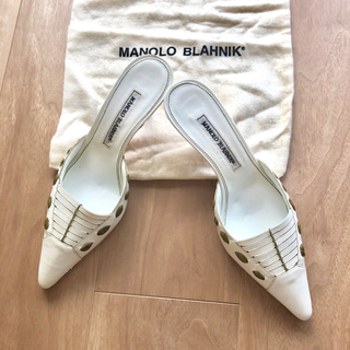 マノロブラニク(MANOLO BLAHNIK)の本物♡一回使用♡マノロブラニクミュール♡クリアな白にカーキのレザーリボン(ミュール)