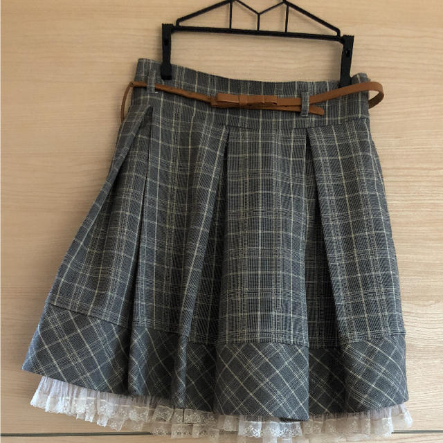 Secret Honey(シークレットハニー)のグレンチェック レース リボンベルト付 スカート レディースのスカート(ひざ丈スカート)の商品写真