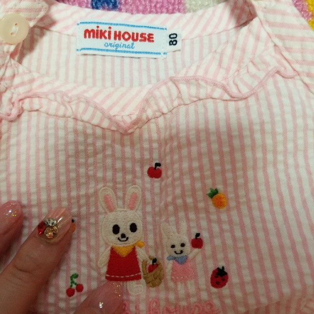 mikihouse(ミキハウス)のMIKIHOUSE  フリル ストライプワンピース キッズ/ベビー/マタニティのベビー服(~85cm)(ワンピース)の商品写真