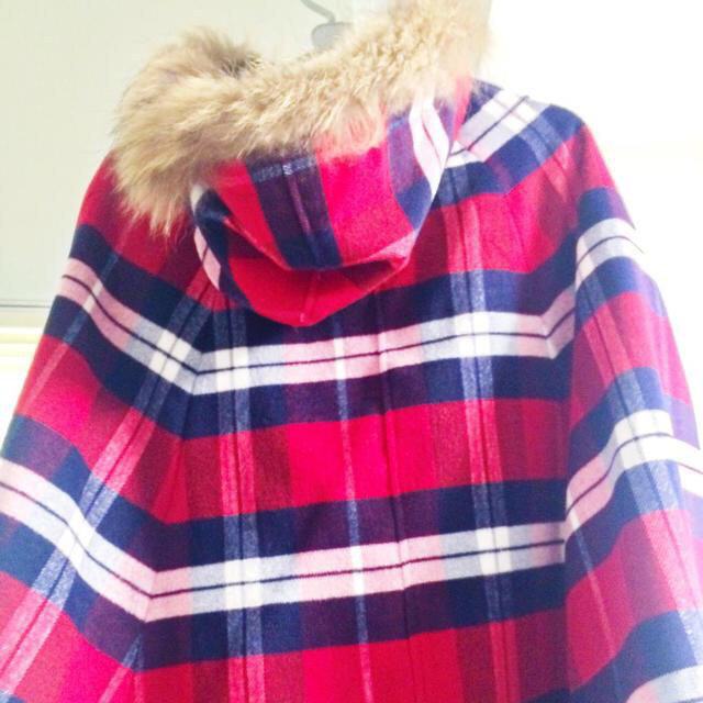 ポンチョ 赤 コート チェック フード レディースのジャケット/アウター(ポンチョ)の商品写真