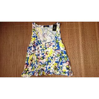 アズールバイマウジー(AZUL by moussy)の新品 MOUSSY 花柄フラワー 裾Aラインフレアタンクトップス 柄ﾌﾞﾙｰ L(タンクトップ)