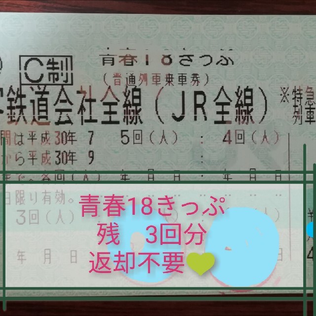 青春18きっぷ　３回分　（返却不要）鉄道乗車券