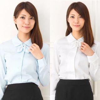 ✩リボン付き ブラウス 5号✩ホワイト&ブルー 2枚セットで 事務服 ベスト(シャツ/ブラウス(長袖/七分))