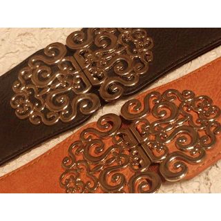 ２色SET♡ゴールドバックルゴム太ベルト BLACK＆BROWN レザー調 (ベルト)