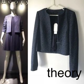 セオリー(theory)の新品タグ付 theory セオリー ノーカラー ジャケット ネイビー ツイード(ノーカラージャケット)