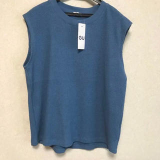 ジーユー(GU)の新品 GU ワッフルスリーブレスT ブルー XL(カットソー(半袖/袖なし))