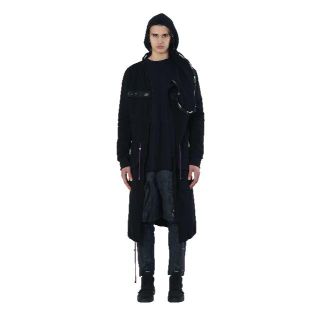 リックオウエンス(Rick Owens)の新品NUMERO00変形ロゴテーピングフーディーロングスウェットコートS(モッズコート)