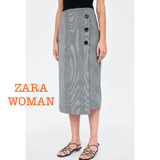 ザラ(ZARA)の新品未使用 ZARA WOMAN チェック柄 ボタン タイトスカート M L(ひざ丈スカート)