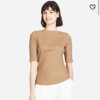 ユニクロ(UNIQLO)のリブボートネックT♡ベージュ(Tシャツ(長袖/七分))