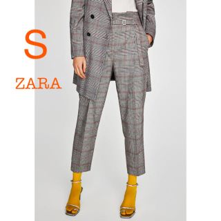 ザラ(ZARA)のSALE！新品未使用 ZARA チェック ハイウエスト ベルト タックパンツ S(クロップドパンツ)