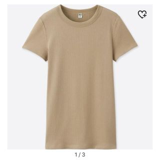 ユニクロ(UNIQLO)のスーピマコットンリブクルーネックTシャツ ベージュ S(Tシャツ(半袖/袖なし))