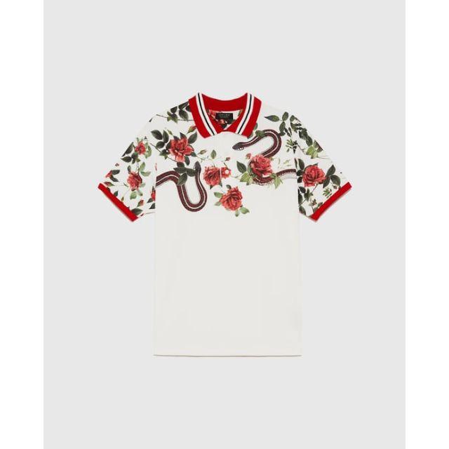 ZARA(ザラ)の新品 ZARA スネーク 薔薇 ビッグシルエット ポロシャツ ホワイト 白 メン メンズのトップス(ポロシャツ)の商品写真