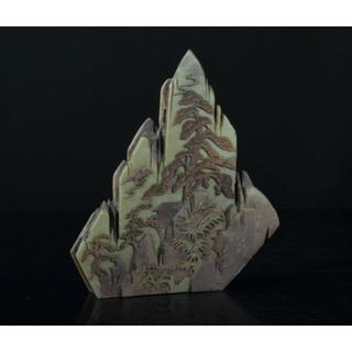 中国 端渓石 漢詩刻 桜閣山水雕 置物 C R29 - 彫刻/オブジェ
