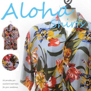 ★SALE★アロハシャツ　ユニセックス　M　グレー×ボタニカル(シャツ)