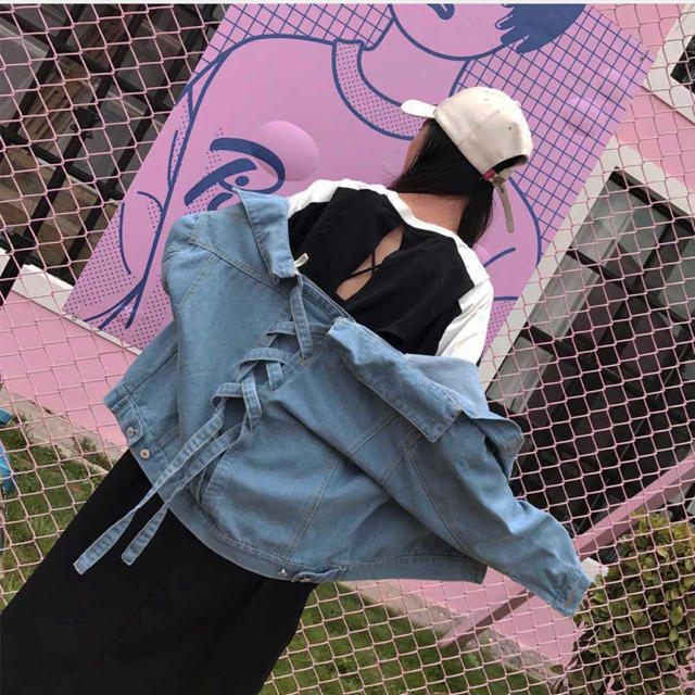 dholic(ディーホリック)のデニムジャケット レディース レースアップ 背中リボン Gジャン 長袖　編上げ レディースのジャケット/アウター(Gジャン/デニムジャケット)の商品写真