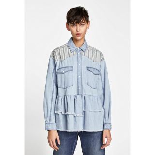 ザラ(ZARA)の新品☆ZARA BASIC ザラ フリル付きデニムシャツ(シャツ/ブラウス(長袖/七分))