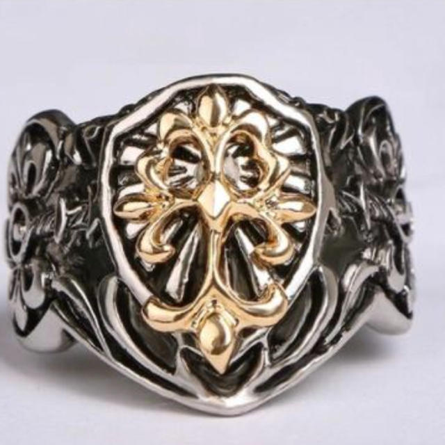 ゴールド & シルバー カラー の クロス モチーフ リング ユリ フレア 指輪 メンズのアクセサリー(リング(指輪))の商品写真