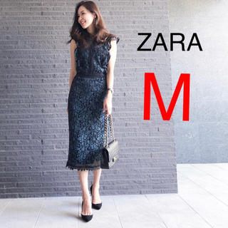 ZARA - 完売品！ZARA レースワンピース ブラック グリーン フリル ミディ丈の通販｜ラクマ