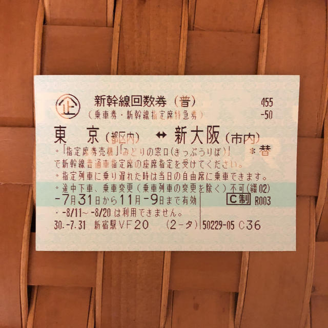 東京⇄大阪・新幹線チケット〔乗車券、特急券〕