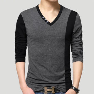 ツートンがおしゃれ メンズ Vネック シャツ 優れた通気性と高級感XXXLグレー(Tシャツ/カットソー(七分/長袖))