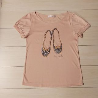 クチュールブローチ(Couture Brooch)のピンクベージュ リボン＆ビジューTシャツ／サイズ38(Tシャツ(半袖/袖なし))