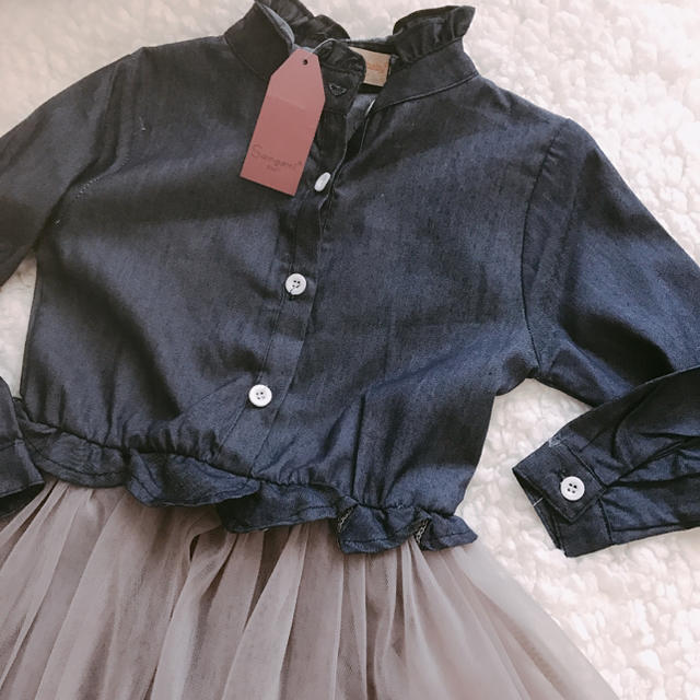 韓国ベビー服＊チュールデニムワンピース＊90 キッズ/ベビー/マタニティのキッズ服女の子用(90cm~)(ワンピース)の商品写真