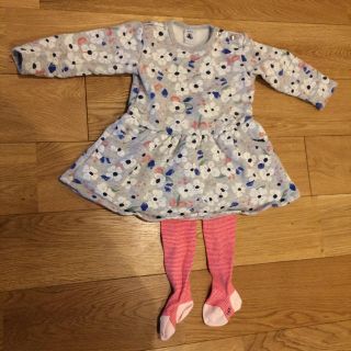 プチバトー(PETIT BATEAU)の期間限定お値下げ◇プチバトー 花柄ワンピース 12m とタイツ6m(ワンピース)