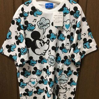 ディズニー(Disney)のDisney ディズニー ミッキー ブルー フェイス柄 総柄 Tシャツ L(Tシャツ/カットソー(半袖/袖なし))