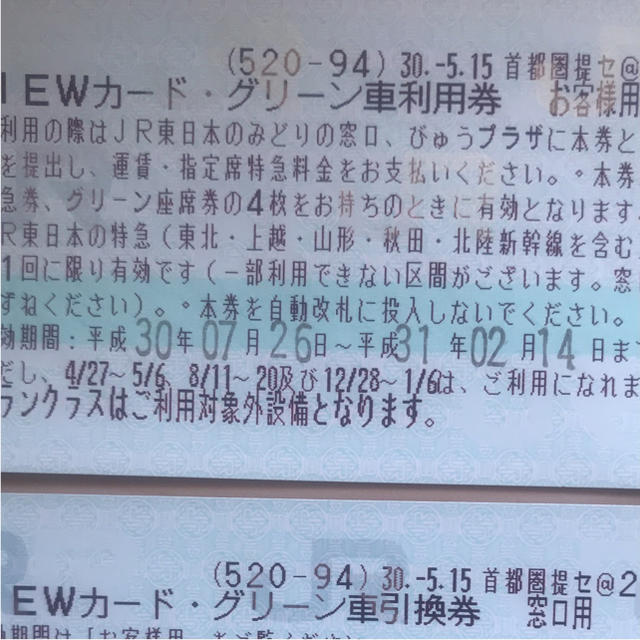 JR(ジェイアール)のVIEWカード 特急グリーン車 利用券 二枚セット チケットの乗車券/交通券(鉄道乗車券)の商品写真