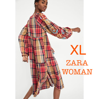ザラ(ZARA)の新品未使用 ZARA WOMAN チェック 刺繍 フリンジ ワンピース XL(ひざ丈ワンピース)