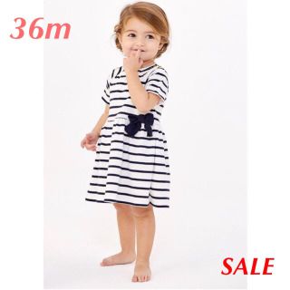 プチバトー(PETIT BATEAU)の《最終価格》新品 プチバトー♡マリニエールリボン付きワンピース ネイビー36m(ワンピース)