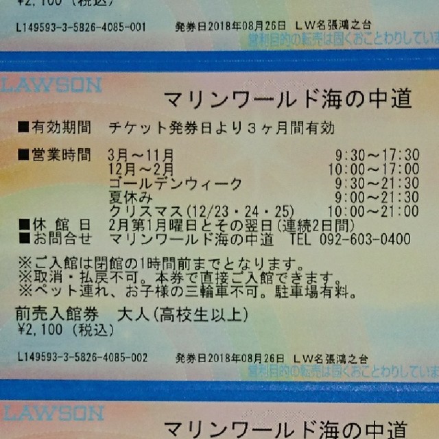 マリンワールド海の中道ローソンチケット 大人 2 小学生 1 幼児 1の通販 By こうへい S Shop ラクマ