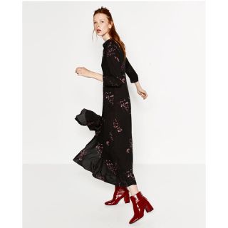 ザラ(ZARA)のZARA ザラ 花柄プリントロングワンピース シャツワンピースXS 美品(ロングワンピース/マキシワンピース)